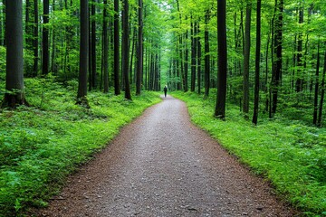 Fototapeta premium A peaceful forest trail, with a person walking alone, enjoying solitude and a connection to nature