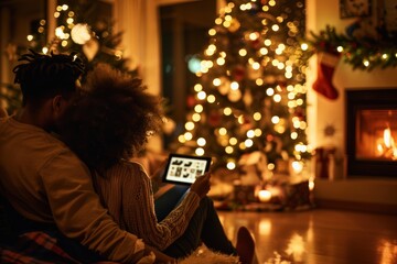 Cozy Cyber Monday Shopping with Couple in Front of Decorated Christmas Tree and Fireplace