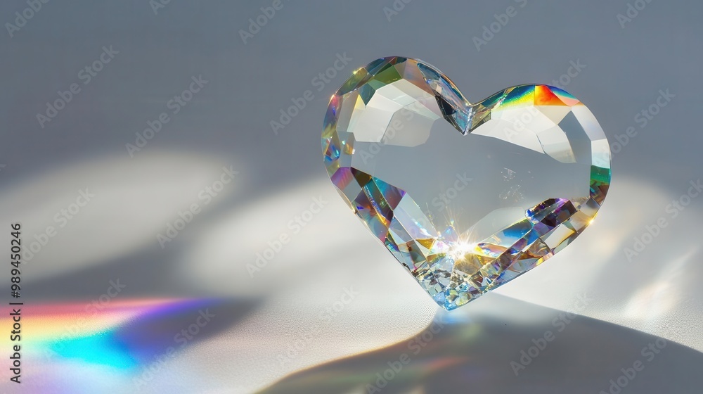 Poster hyperrealistic macro photograph of crystal heart refracting light into rainbow prisms on pristine wh