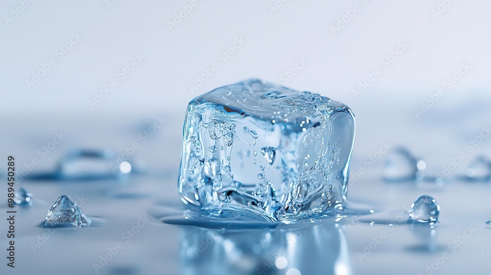 Poster hyperrealistic macro shot of melting ice cube with intricate patterns and refracted light set against pure white background with water droplets