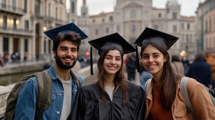 Obraz premium Three joyful Italian students celebrate graduation in caps and gowns at university campus on a sunny day
