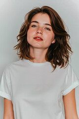 Fototapeta premium A woman wearing a white t-shirt is looking up at the sky