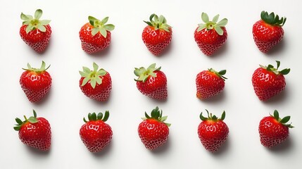 hyperrealistic still life of perfectly ripe strawberries arranged artfully on a crisp white background showcasing their vibrant red color and intricate texture