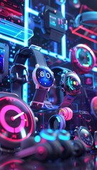 Fototapeta premium Futuristic Neon Gym with High-Tech Fitness Gear for Cyber Monday Sale Design**