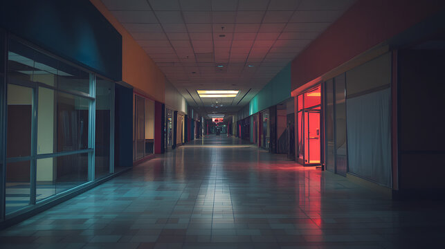 An abandoned American suburban mall hallways dark and storefronts shuttered with only a few flickering lights.