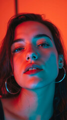 Obraz premium A woman with blue and red light on her face
