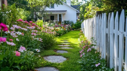 Fototapeta premium idyllic backyard garden scene with lush green lawn and blooming flower beds white picket fence and rustic wooden elements create a charming cottagestyle atmosphere