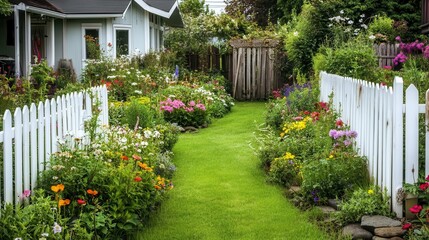 idyllic backyard garden scene with lush green lawn and blooming flower beds white picket fence and rustic wooden elements create a charming cottagestyle atmosphere