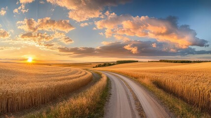 idyllic countryside panorama with winding road through golden wheat fields majestic cumulus clouds and warm sunset hues creating breathtaking rural vista