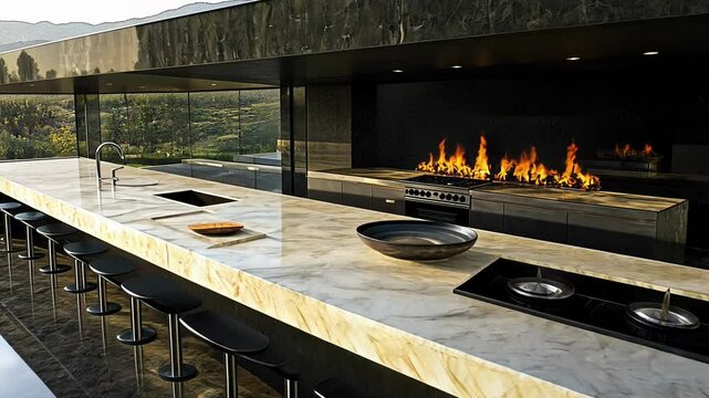 This luxurious outdoor kitchen features a spacious island with bar seating, state-of-the-art appliances, and a breathtaking mountain backdrop, perfect for entertaining.