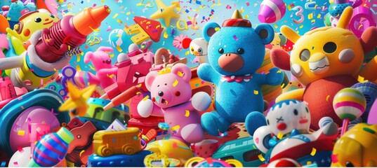 Cyber Monday Toy Store Banner: Bright and Playful Design with Action Figures, Puzzles, and Stuffed Animals