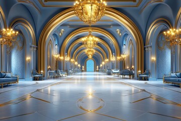 A royal palace interior with golden arches, floating chandeliers, and opulent furnishings, in a fantasy kingdom setting