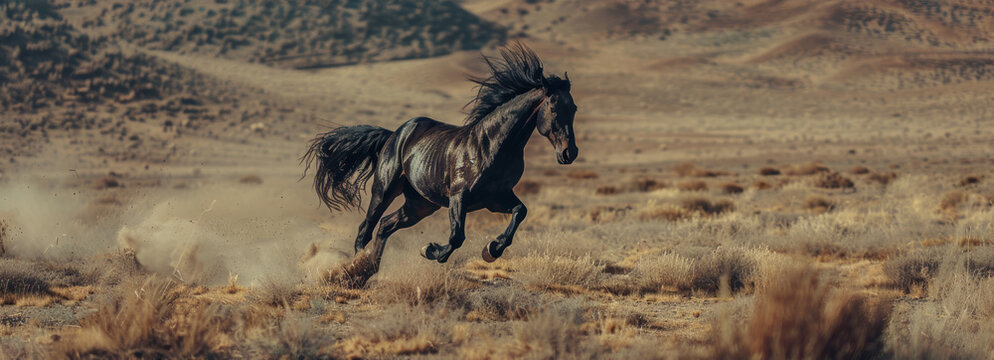 Powerful Black Stallion Running Freely Across Rugged Desert Landscape, Perfect for Nature and Freedom Concepts