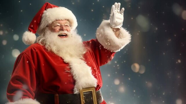 Video of Santa Claus smiling waving hand. Dark blue background with glitter. Holiday banner template with copy space