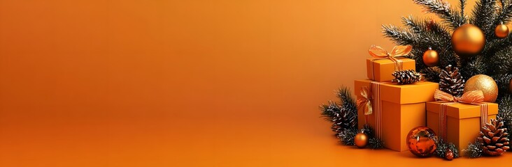 Minimalist Orange Christmas Banner with Gifts