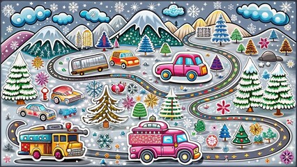 Colorful illustration depicting a winter scene with various vehicles traveling through a snowy landscape