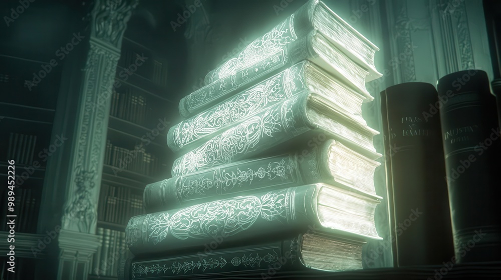 Poster illuminated knowledge tower ethereal stack of glowing white books with intricate engraved covers cas