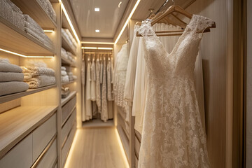Designer dress hanging in a spacious walk-in closet
