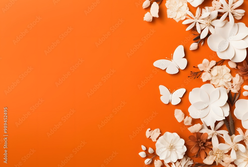 Sticker Orange Background with White Flowers and Butterflies Flat Lay