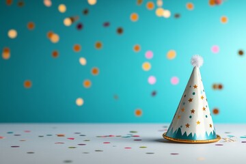 A simple party hat and confetti on a blank surface, symbolizing a quiet, understated celebration