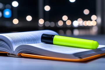 A single highlighter resting on an open page, symbolizing key points being emphasized during a study session