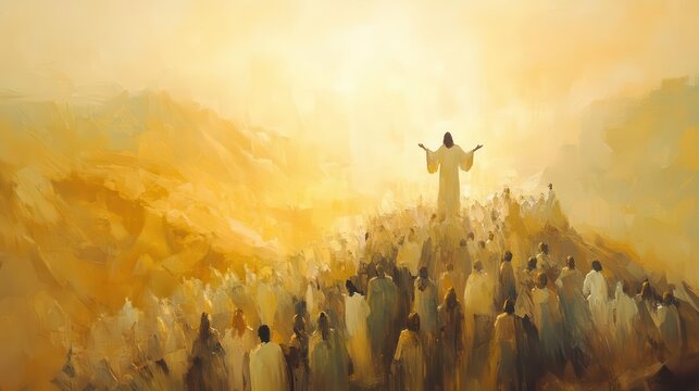 impressionistic depiction of jesus preaching on a mountaintop soft ethereal brushstrokes warm golden light crowd of followers rendered as abstract forms in muted colors