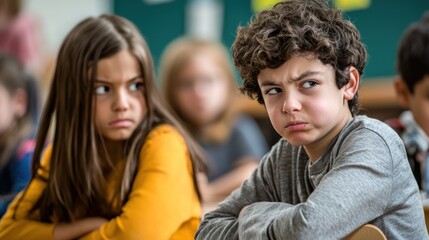 Obraz premium a classroom scene where a student is seen antagonizing a classmate, highlighting bullying behavior