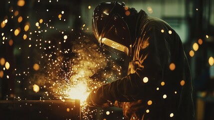 industrial artistry sparks flying as a skilled welder face obscured by protective gear fuses metal pipes in a dimly lit workshop creating a dramatic chiaroscuro effect