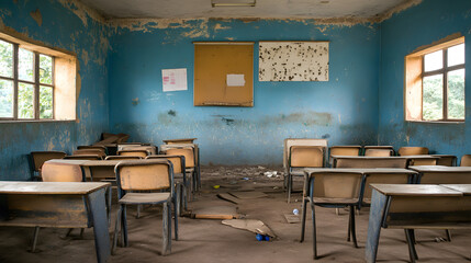 An African school with classrooms half-full broken chairs and outdated materials showing the effects of reduced funding.