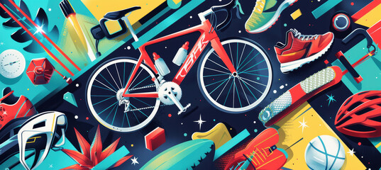 Fototapeta premium Dynamic Cyber Monday Email Banner with Discounted Sports Gear for Bicycles, Running Shoes, and Gym Equipment