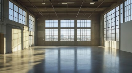 industrial chic gallery vast warehouse interior with soaring ceilings expansive windows flooding the space with natural light and polished concrete floors creating a modern exhibition backdrop
