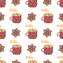 Christmas seamless pattern. Festive background with gingerbread and cups. Vector illustration in flat style