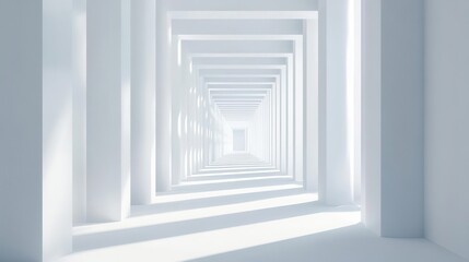 Fototapeta premium infinite corridor stark white passageway stretches to vanishing point sleek pillars cast subtle shadows creating rhythm and depth in minimalist 3d render