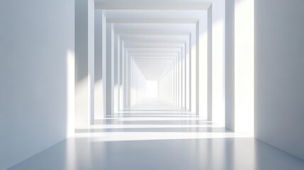 Obraz premium infinite corridor stark white passageway stretches to vanishing point sleek pillars cast subtle shadows creating rhythm and depth in minimalist 3d render