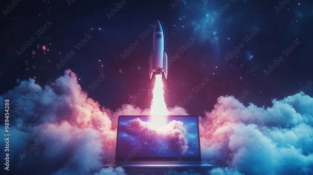 Poster innovative tech concept space rocket launching from laptop screen symbolizing digital transformation