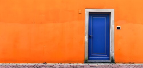 Vibrant Orange Wall with Blue Door and Copy Space