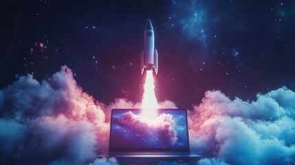 innovative tech concept space rocket launching from laptop screen symbolizing digital transformation and limitless possibilities dynamic composition with striking visual metaphor