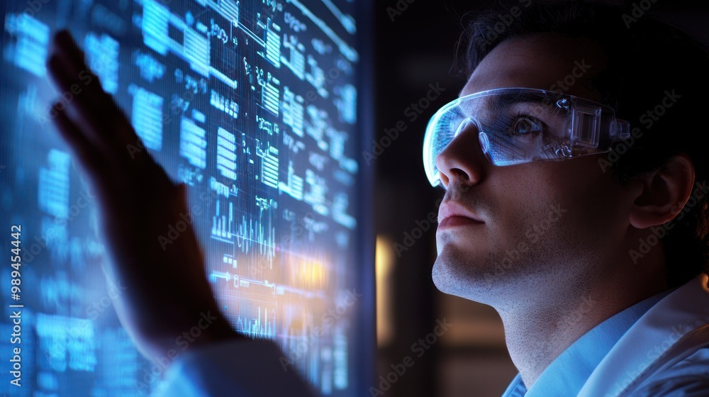 Poster a scientist examining data on a screen, highlighting an anomaly in the research results