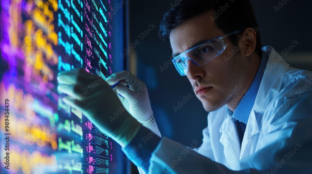Poster a scientist examining data on a screen, highlighting an anomaly in the research results