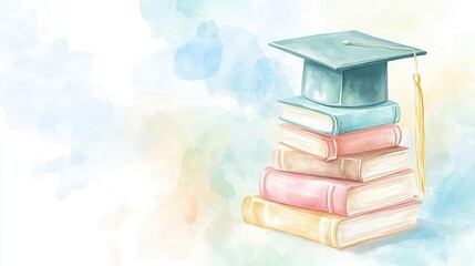 inspirational graduation design watercolor illustration featuring mortar board diploma and stack of books in soft pastel hues with ample negative space for congratulatory message