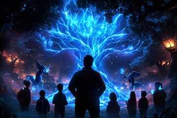 A teacher guiding students through a mystical forest, where the trees whisper knowledge and enchanted creatures assist with lessons