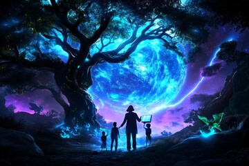 A teacher guiding students through a mystical forest, where the trees whisper knowledge and enchanted creatures assist with lessons