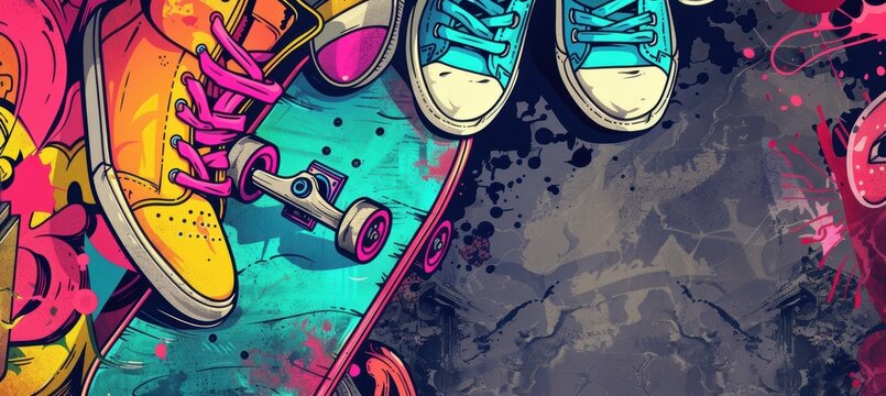 Vibrant 90s Skate Culture Banner for Urban Art Design, Print, Card, Poster