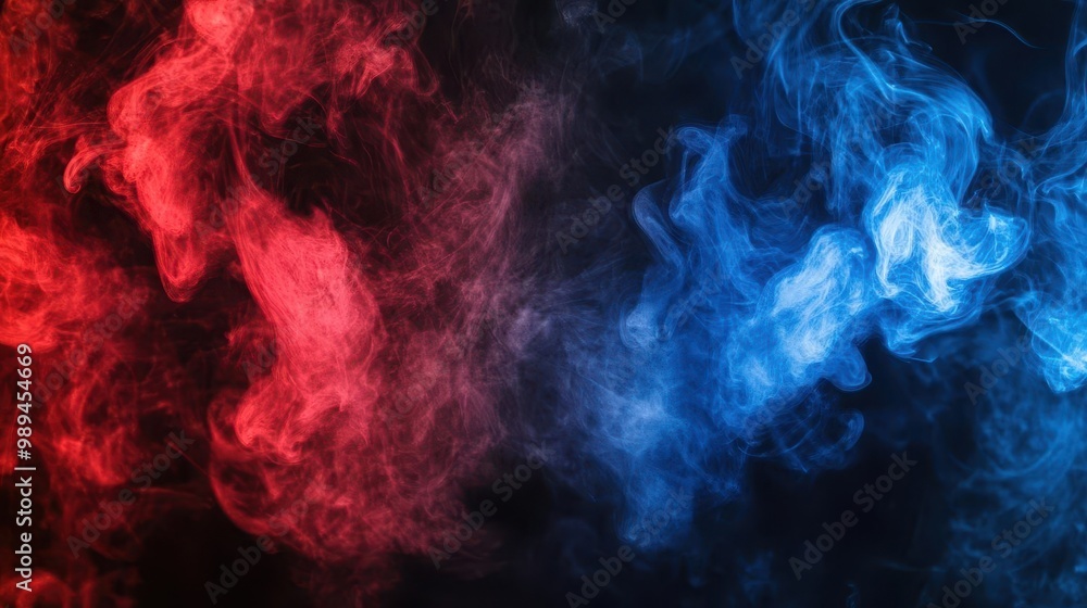 Poster intense clash of red and blue smoke effects on black background dynamic swirling patterns create vis
