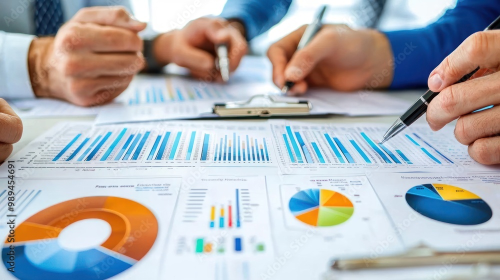 Poster an annual report shown by a business team analyzing graphs and charts during a presentation meeting