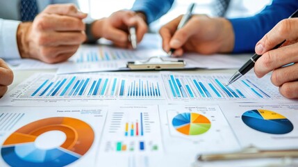 an annual report shown by a business team analyzing graphs and charts during a presentation meeting