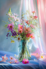 Bouquet of wildflowers in a vase on a blue silk background