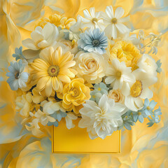 Bouquet of white and yellow flowers on a yellow fabric background