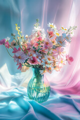 Bouquet of flowers in a vase on a blue silk background