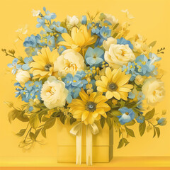 Bouquet of flowers in a gift box on a yellow background